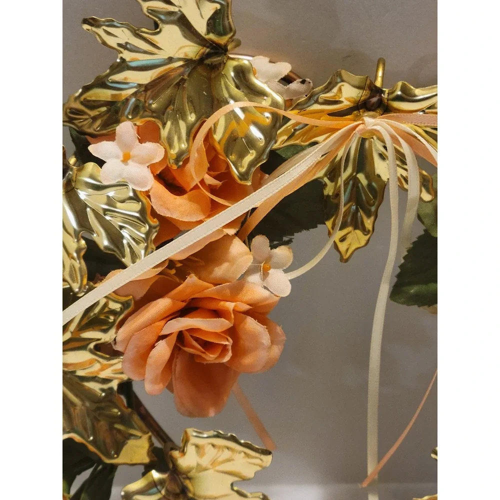 Vtg retro 80s Floral Wreath Unisex OS Peach Gold Shabby Chic Heart Wall Decor